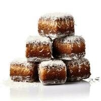 delicioso lamingtons aislado en blanco antecedentes foto