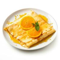 Delicious Crepes Suzette isolated on white background photo