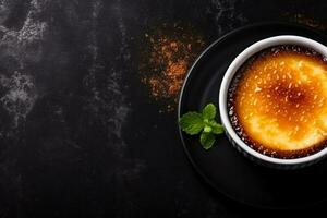 Delicious Creme brulee dark background with empty space for text photo