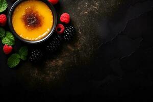 Delicious Creme brulee dark background with empty space for text photo