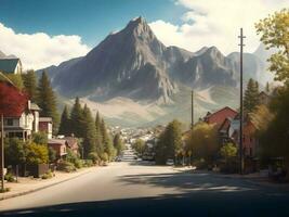 road to the mountains over country side city landscape . AI Generated. photo