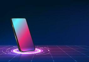 Technology smartphone set on technology circle with grid Vector technology illustration. with a fascinating combination of blue, red, purple A mobile concept that brings you into blockchain technology