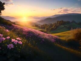 hermosa puesta de sol paisaje con flores campo terminado el montaña en puesta de sol. ai generado. foto