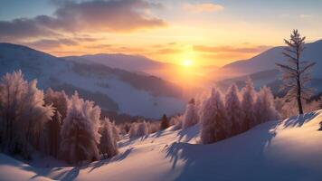 Beautiful sunset landscape winter forest snow mountain. AI Generated. photo