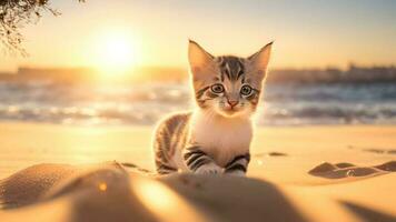 cute kitten on the beach over sunset sky warm light background. AI Generated photo