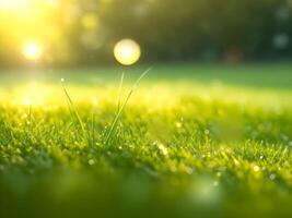 green grass field with dew drop over blurred forest and warm light bokeh background. . photo