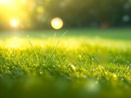 green grass field with dew drop over blurred forest and warm light bokeh background. AI Generated. photo