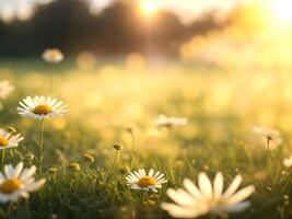 Chamomile flowers field over blurred sunset background. . photo