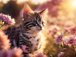 linda gatito gato en el flores campo terminado borroso puesta de sol antecedentes. ai generado. foto