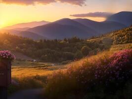 hermosa puesta de sol paisaje con flores campo terminado el montaña en puesta de sol. ai generado. foto