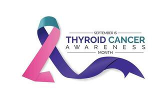 Thyroid cancer awareness month September. Calligraphy Poster Design. Realistic Teal and Pink and Blue Ribbon. September is Cancer Awareness Month. vector