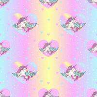 Rainbow seamless pattern with unicorns, and hearts on a holographic background. vector
