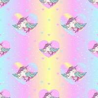 Rainbow seamless pattern with unicorns, and hearts on a holographic background. vector