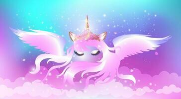 Face of a unicorn with closed eyes and a long mane on an iridescent pink-blue background with sparkles and stars. vector