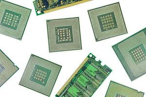 Bunch of CPU, central processor units and RAM, random-access memory, isolated background photo