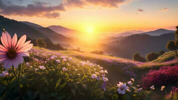 hermosa puesta de sol paisaje con flores campo terminado el montaña en puesta de sol. ai generado. foto