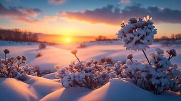 grass flowers field with snow over blurred winter forest and warm light bokeh background. . photo
