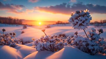 grass flowers field with snow over blurred winter forest and warm light bokeh background. AI Generated. photo