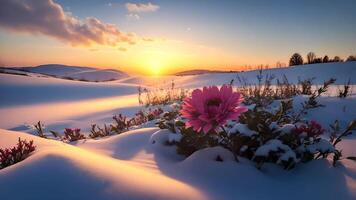 grass flowers field with snow over blurred winter forest and warm light bokeh background. . photo
