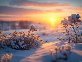 grass flowers field with snow over blurred winter forest and warm light bokeh background. . photo