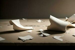 Pieces of paper on a wooden table. Shallow depth of field. AI Generated photo