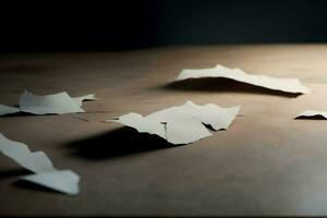 Pieces of paper on a wooden table. Shallow depth of field. AI Generated photo