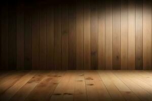 Wooden wall and floor background. Empty room with wooden floor. AI Generated. photo