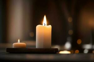 Burning candles on wooden over blurred bokeh background. AI Generated. photo