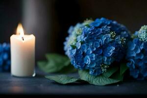 Blue hydrangea flowers on a dark background with a lit candle. AI Generated. photo
