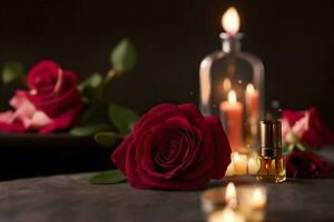 bottle of rose essential oil with fresh roses on a wooden table. AI Generated. photo