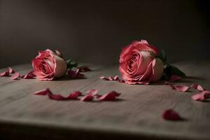 dos rosado rosas en un de madera antecedentes con Rosa pétalos en el mesa. ai generado. foto