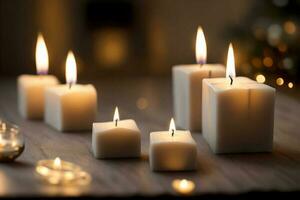 Burning candles on wooden over blurred bokeh background. AI Generated. photo