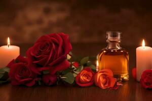 bottle of rose essential oil with fresh roses on a wooden table. AI Generated. photo