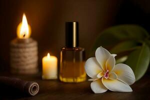 Beautiful spa composition with aroma oil bottle and frangipani on wooden table, AI Generated. photo