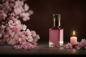 botella de perfume con Cereza flores en de madera mesa, ai generado. foto