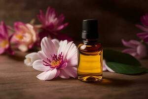 Essential oil in a small glass bottle with pink flowers on a wooden background. AI Generated. photo