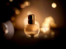 Perfume bottle with flowers on table against bokeh background. AI Generated. photo