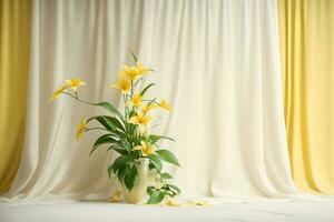 Beautiful tropical houseplant over white and yellow curtain background. AI Generated. photo