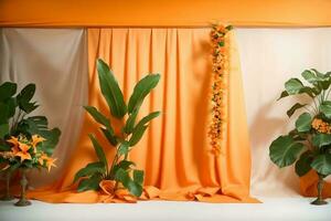 Beautiful curtain with tropical plant and flowers on light orange background, wedding backdrop design concept. AI Generated. photo