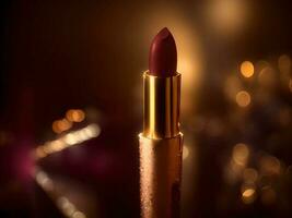 Lipstick in golden case on a dark background . AI Generated. photo