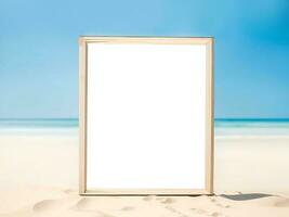 blank photo frame on summer beach over blurred blue sea. AI Generated.
