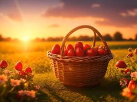 strawberries in a basket on flowers field over blurred sunset landscape background. . photo