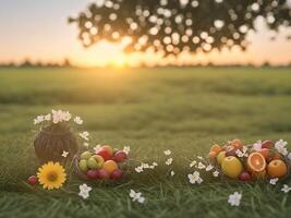 basket of fruits and berry on flowers field over blurred sunset landscape background. . photo