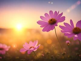 rosado cosmos flores campo terminado borroso puesta de sol antecedentes. ai generado. foto