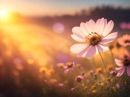 rosado cosmos flores campo terminado borroso puesta de sol antecedentes. ai generado. foto