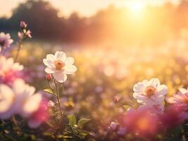 grass flowers field over blurred sunset background. . photo