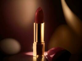 Lipstick in golden case on a dark background . AI Generated. photo