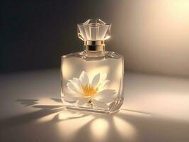 Perfume bottle with flowers on table against bokeh background. AI Generated. photo