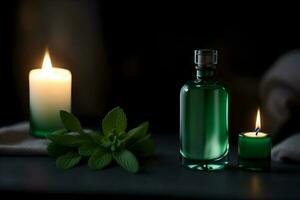 Mint essential oil in a glass bottle with fresh mint leaves and burning candles on black background. AI Generated. photo