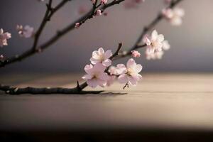 cherry blossom on wooden table with soft focus, AI Generated. photo